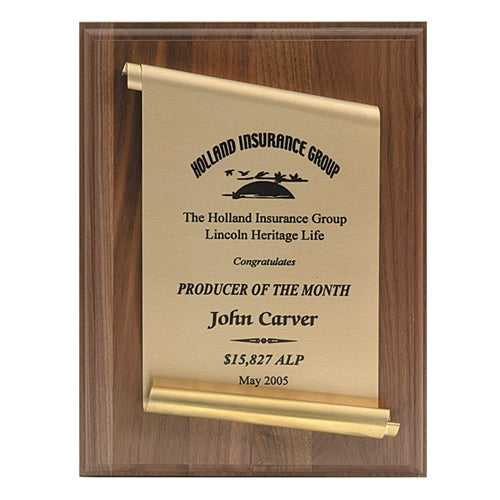 Walnut Plaque With Brass Scroll