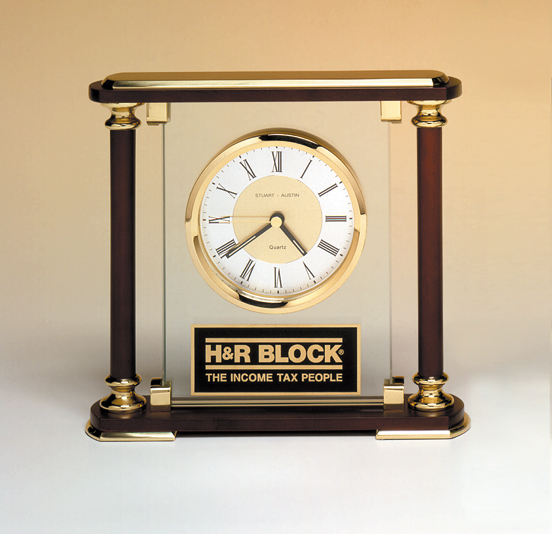 7" x 7" Glass and Rosewood Piano Finish Clock with Gold Metal Accents and Black Plate