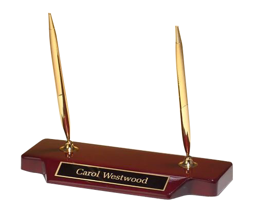 Double Pen Desk Set On A Rosewood Piano Finish Base