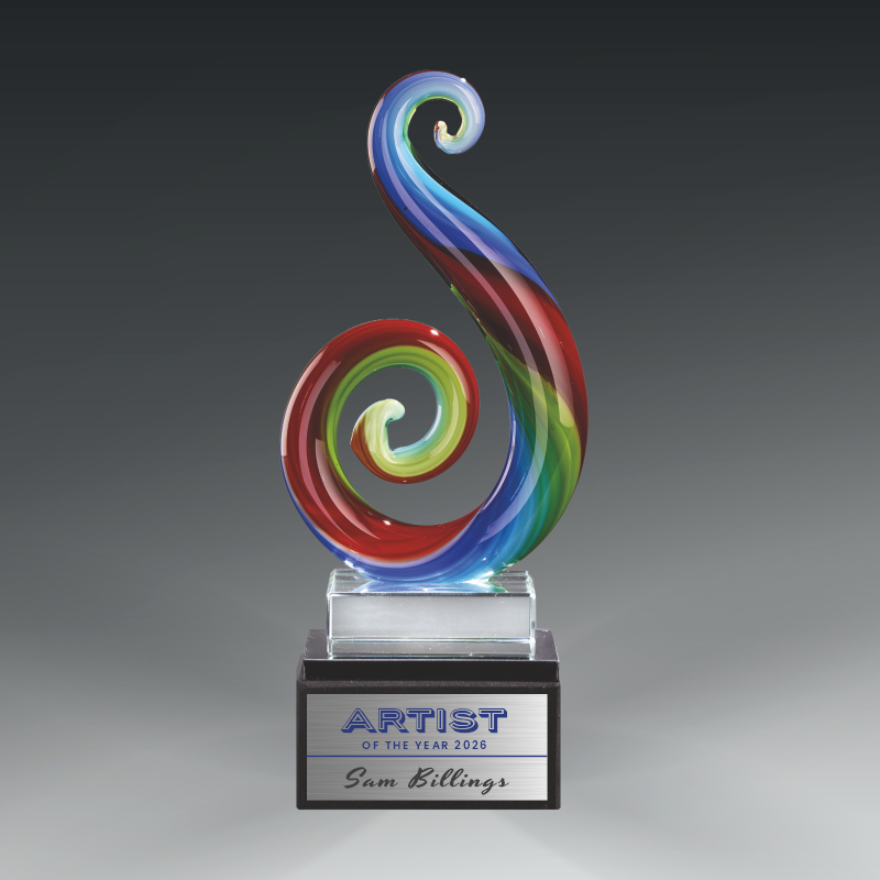 Art Glass Multi Color Curley Que on Clear Glass Base