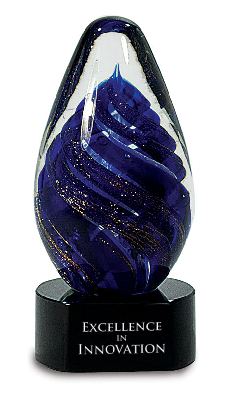 6.5" Blue Tear Drop Art Glass On Black Base