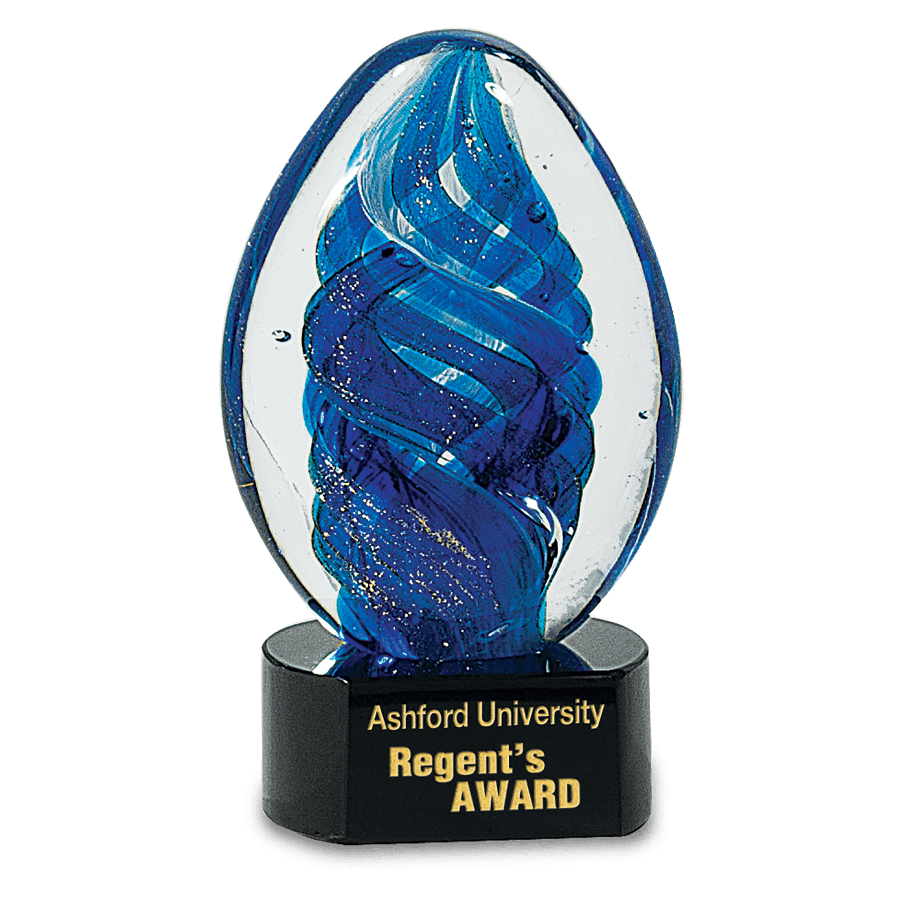 6 Inch Blue Oval Swirl Art Glass On Black Base