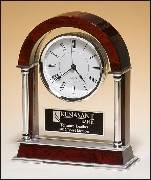 Rose Wood And Silver Arched Mantle Clock
