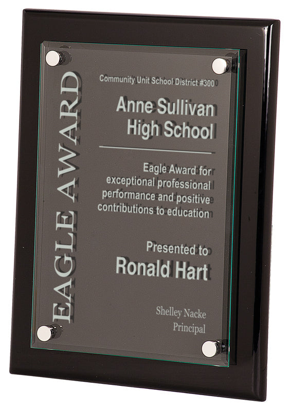 Piano Finish Floating Glass Plaque. Will Hang Or Stand