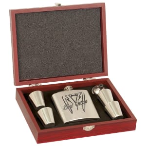 6 Oz. Stainless Steel Flask Set In Wood Presentation Box
