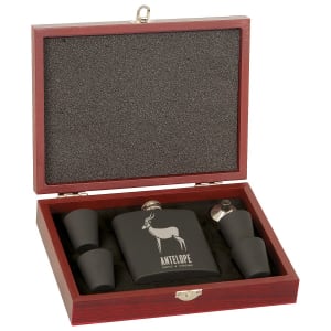 6 Oz. Stainless Steel Flask Set In Wood Presentation Box