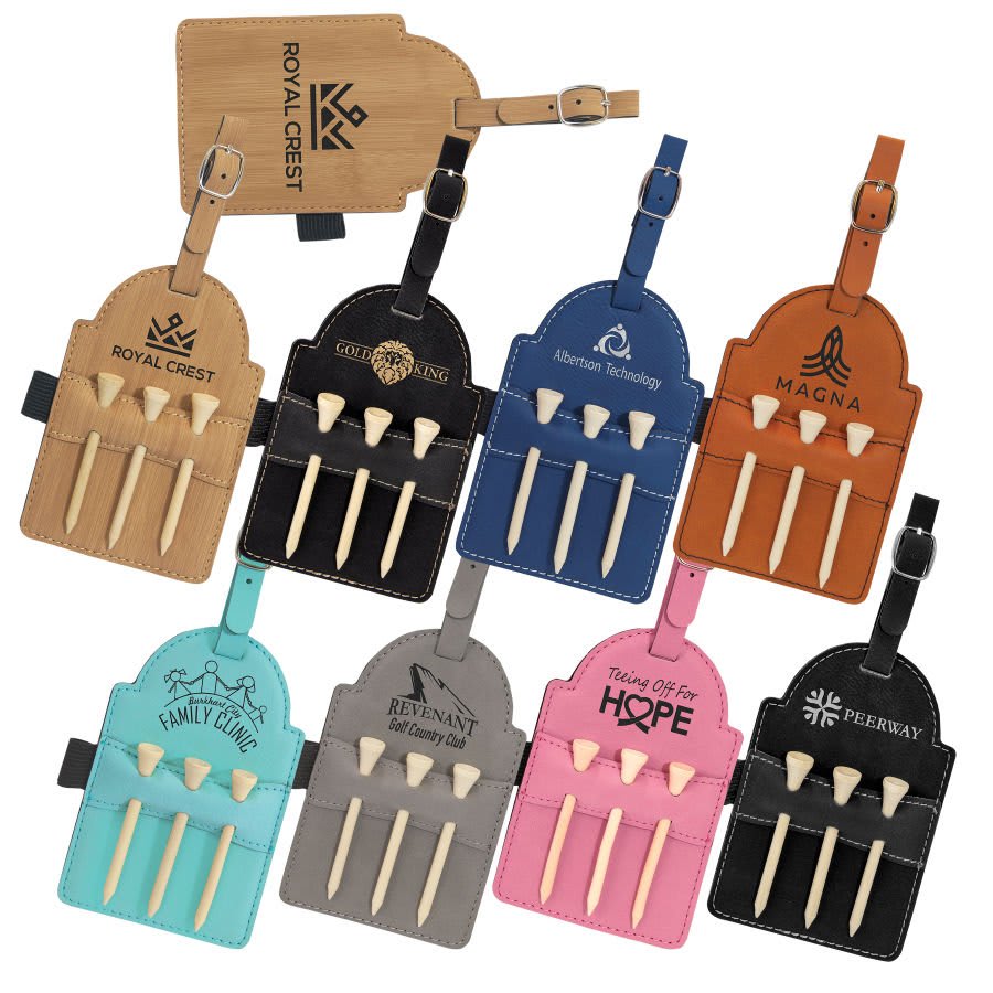 5" X 3 1/4" Laserable Leatherette Golf Bag Tag With 3 Wooden Tees