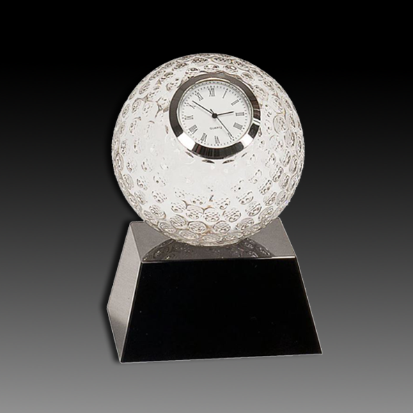 5 Inch Clear Crystal Golf Ball Clock With Black Pedestal Base