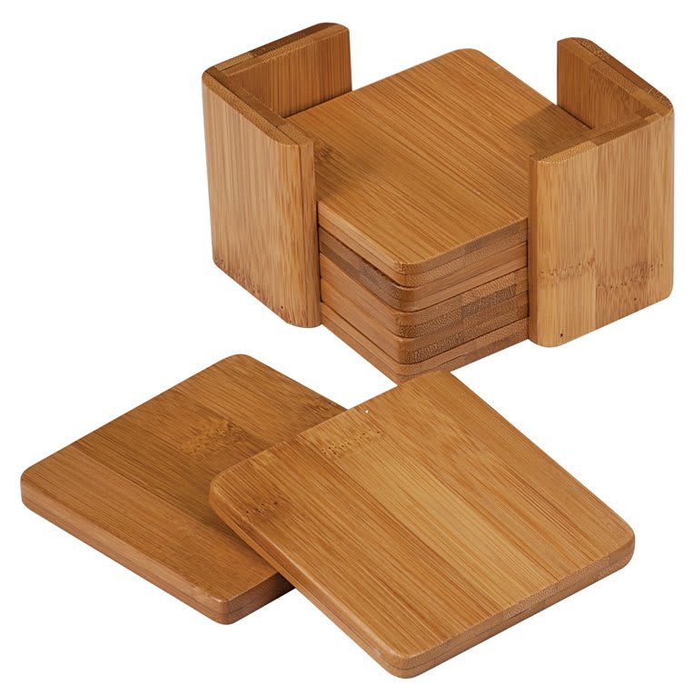 3.75" X 3.75" Bamboo Square 6-Coaster Set With Holder