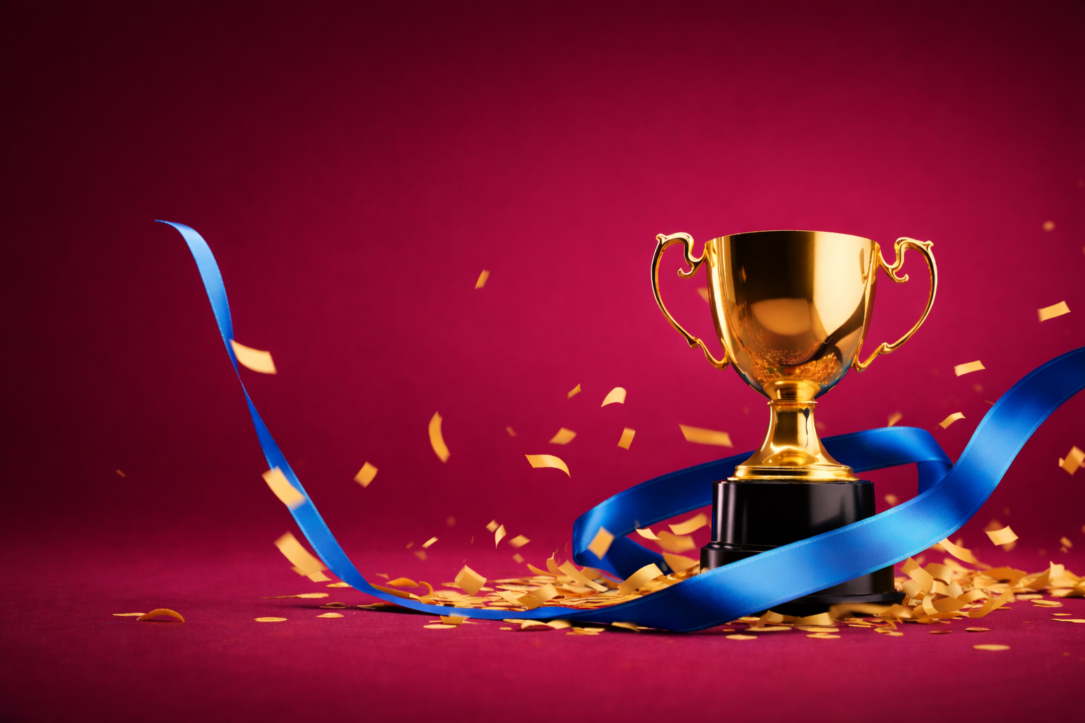 Gold trophy with a blue ribbon on a red background