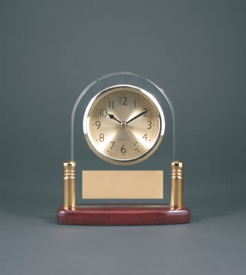 6.5" Arch Glass Desk Clock With Metal Posts & Rosewood Piano Finish