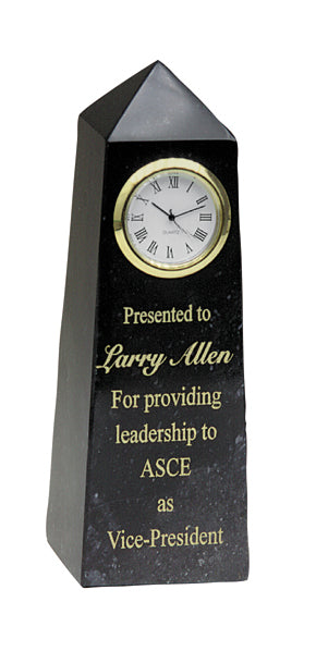 6" Black Marble Obelisk With Clock