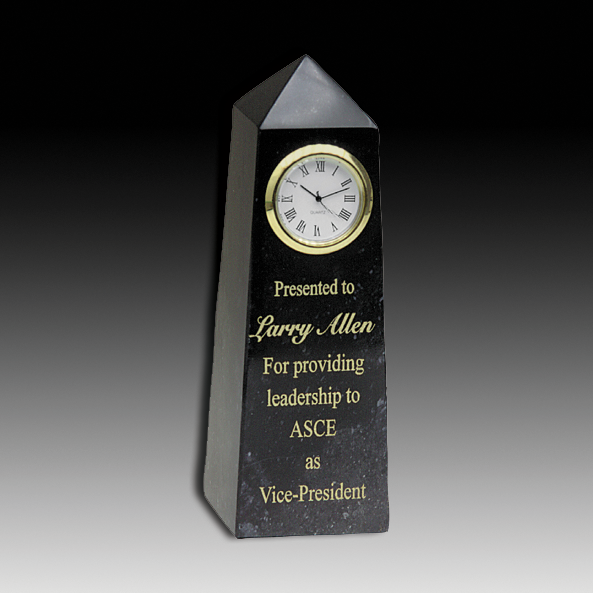 6" Black Marble Obelisk With Clock