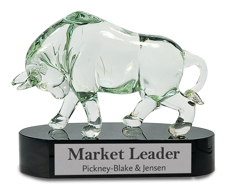 7" Clear Art Glass Bull On Black Base