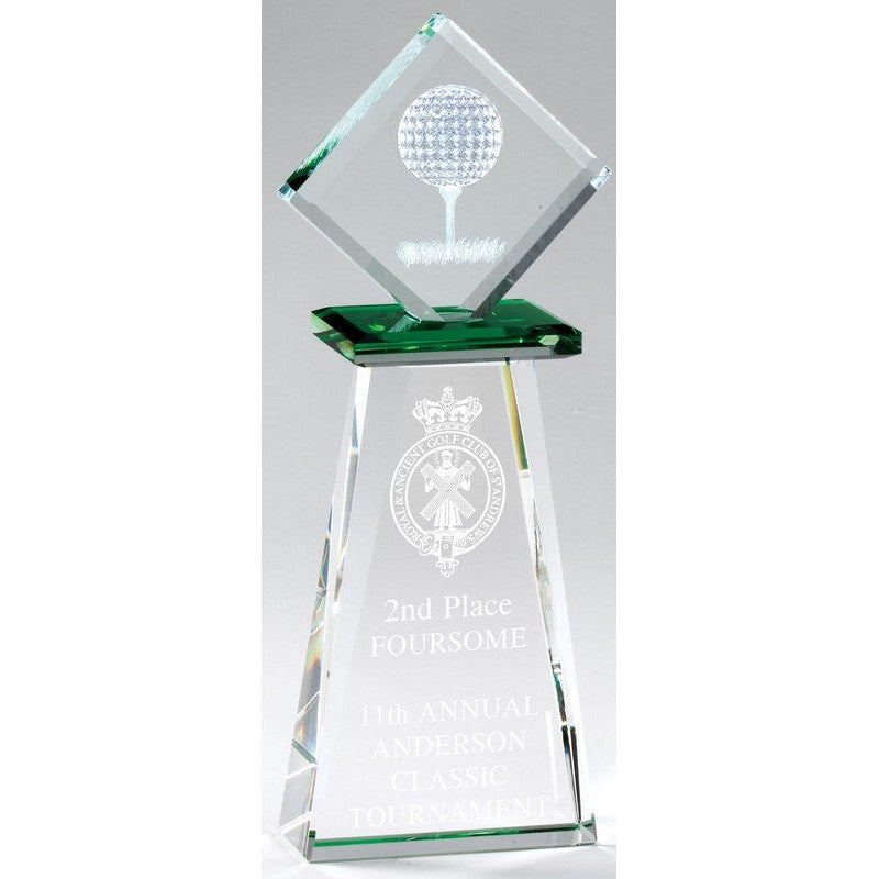 3-D Golf Ball On T Etched On Award With Green Accents