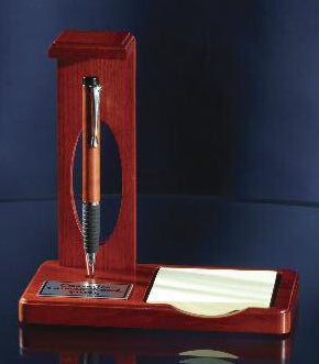 6 3/4" X 6 7/8" Floating Pen Desk Set With Memo Pad In Matte Teakwood Finish With Black Plate