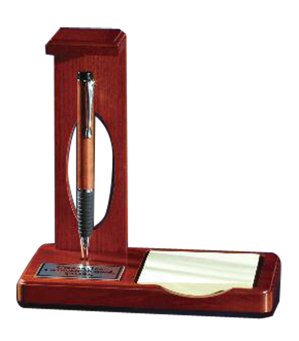 6 3/4" X 6 7/8" Floating Pen Desk Set With Memo Pad In Matte Teakwood Finish With Black Plate