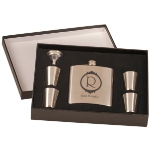 6 Oz.  Flask Set In Black Presentation Box
