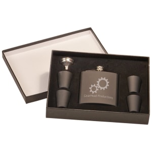 6 Oz.  Flask Set In Black Presentation Box