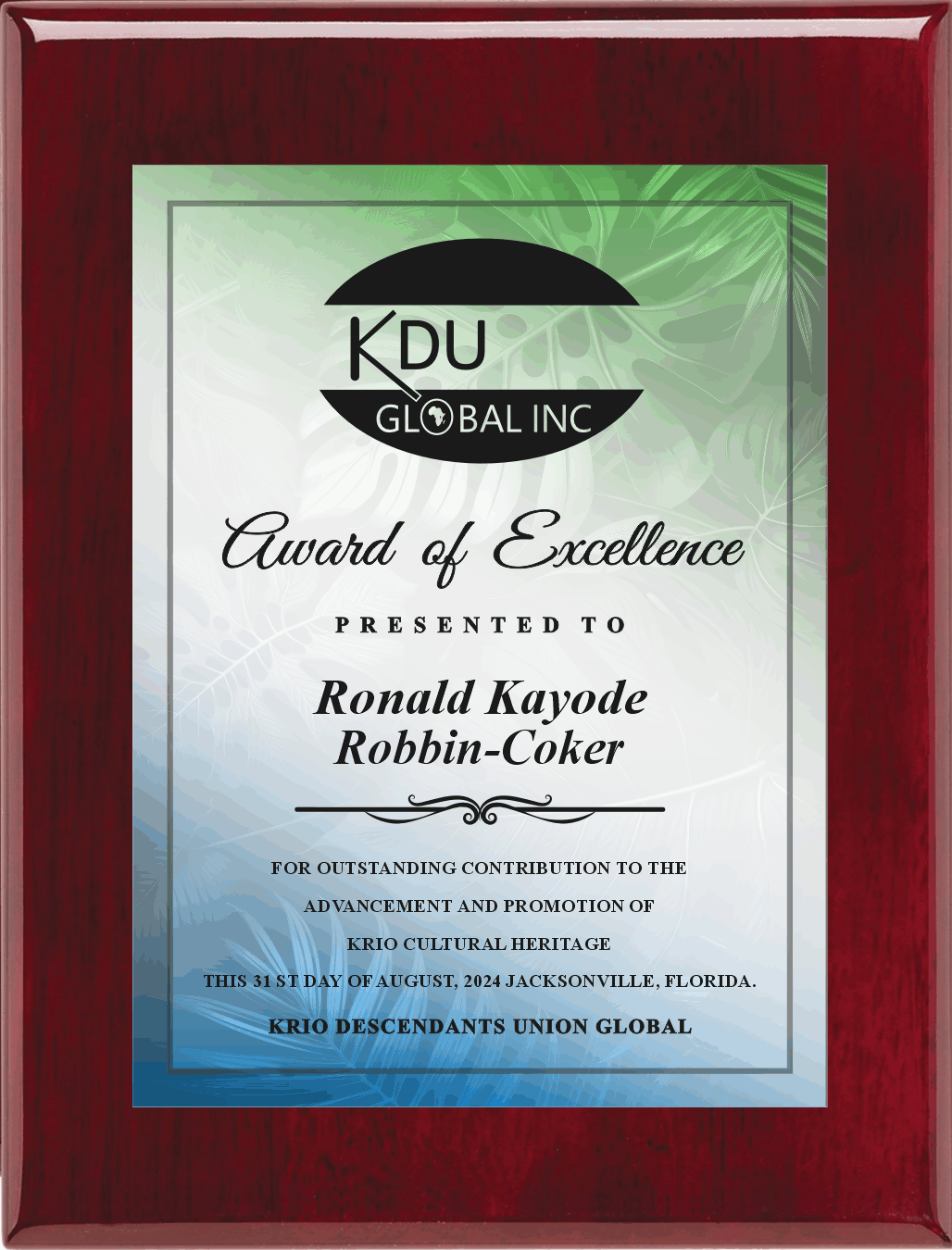 High Gloss Mahogany Finish Plaque  With Full Color Direct Uv Print