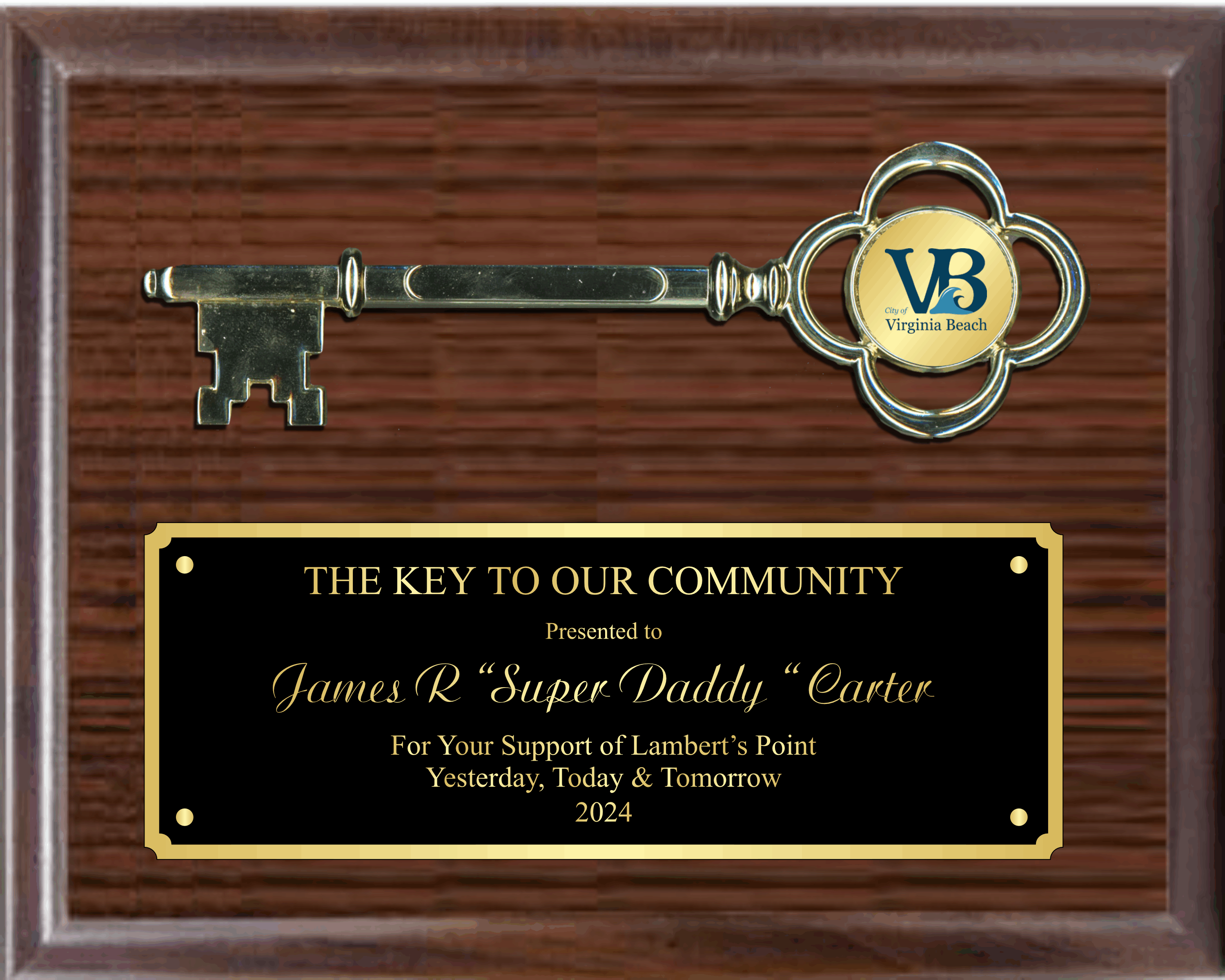 8" Gold Metal Key To The City On 8"X10" Plaque