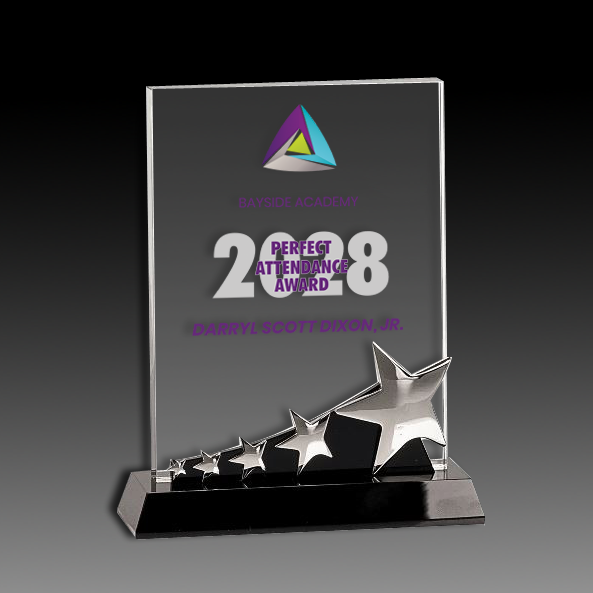 Rectangular Crystal Award With Silver Stars On Base