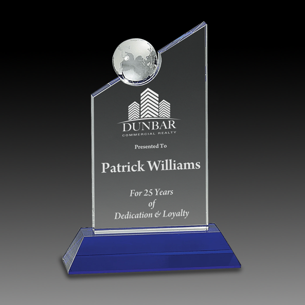 8.25" Clear Crystal With Inset Crystal Globe And Blue Base