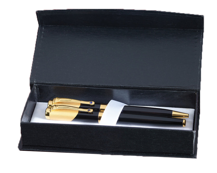 Metal Ball Point And Roller Ball Pen With Blue Jewels In Gift Box