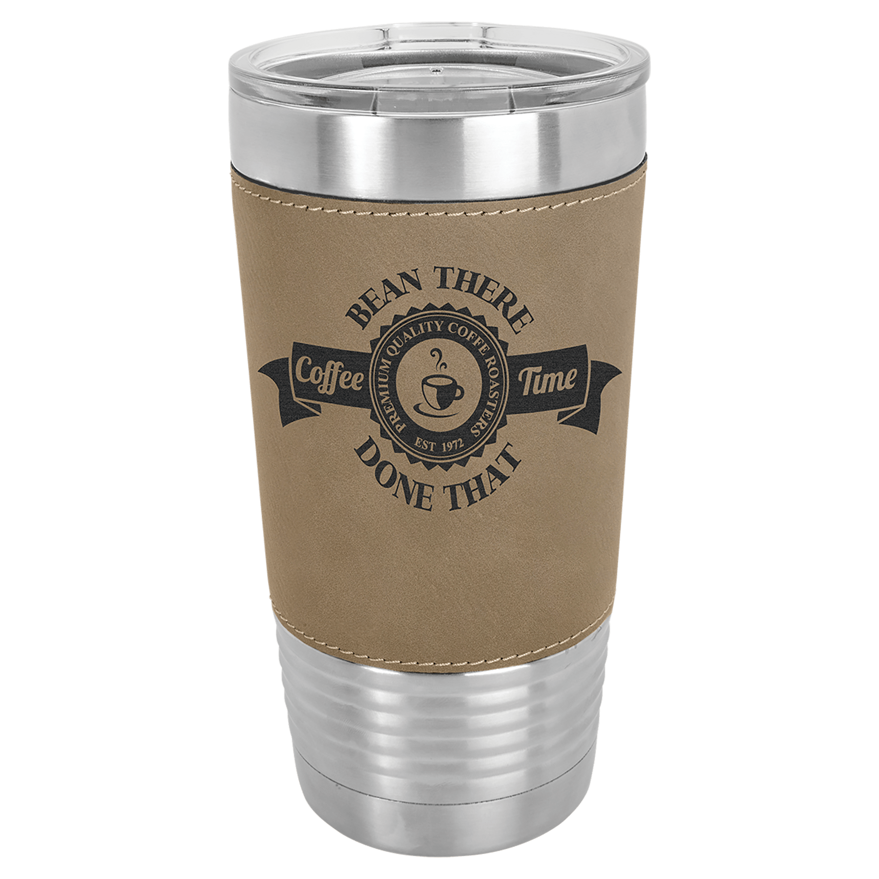 20 Oz. Light Brown Laserable Leatherette Tumbler With Clear Lid