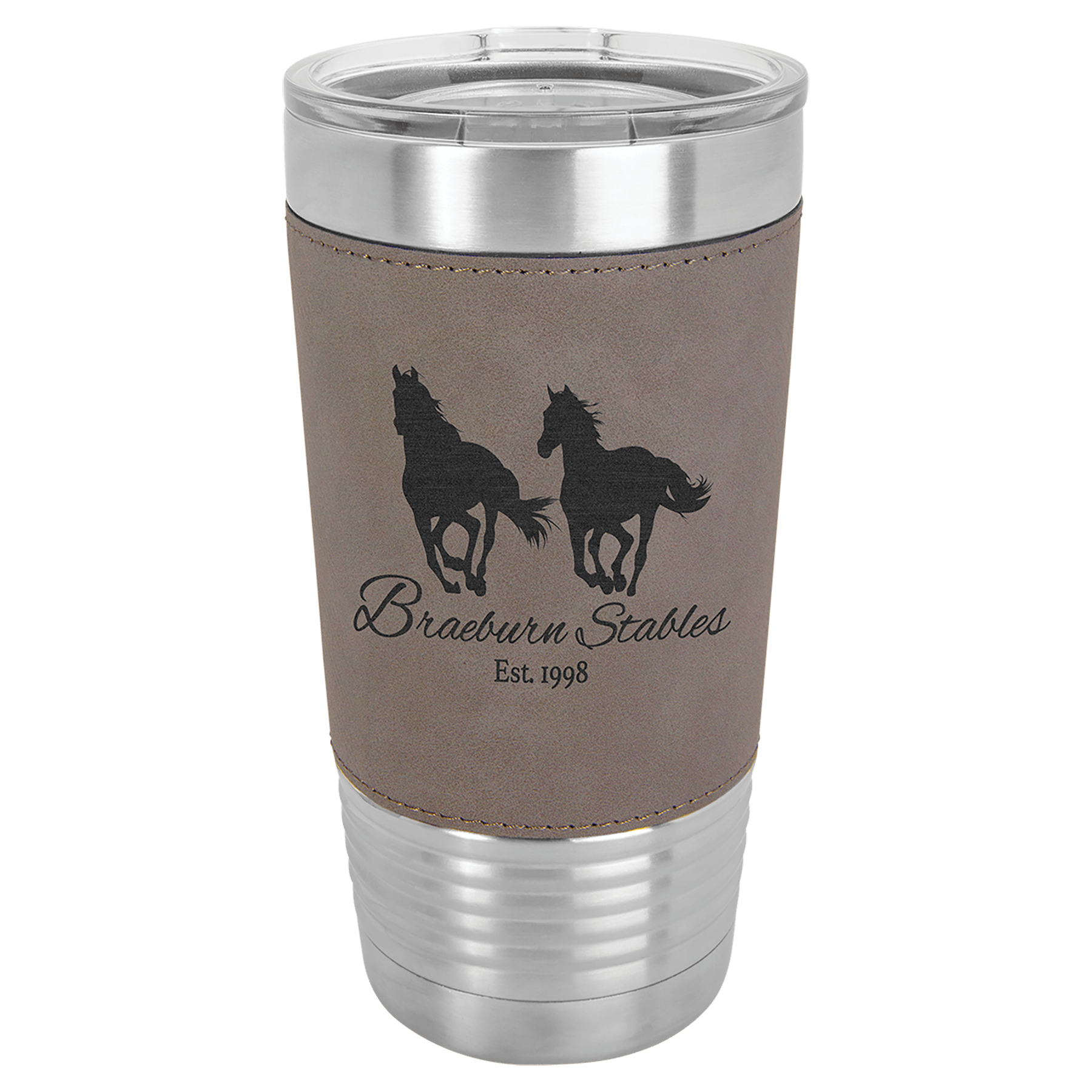 20 Oz. Light Brown Laserable Leatherette Tumbler With Clear Lid