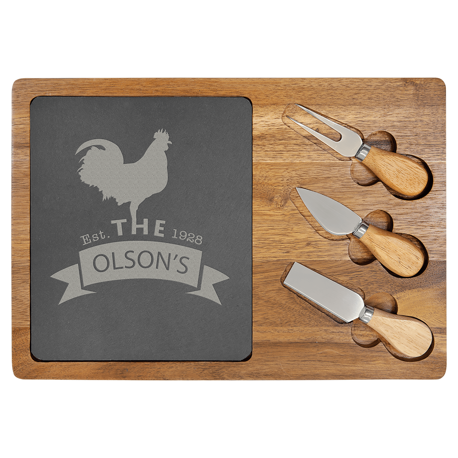 Acacia Wood/Slate Rectangle Cheese Set With Three Cheese Tools