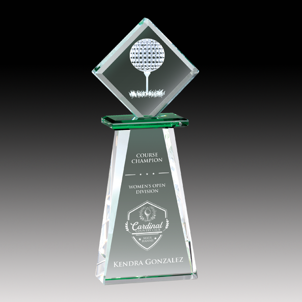 3-D Golf Ball On T Etched On Award With Green Accents